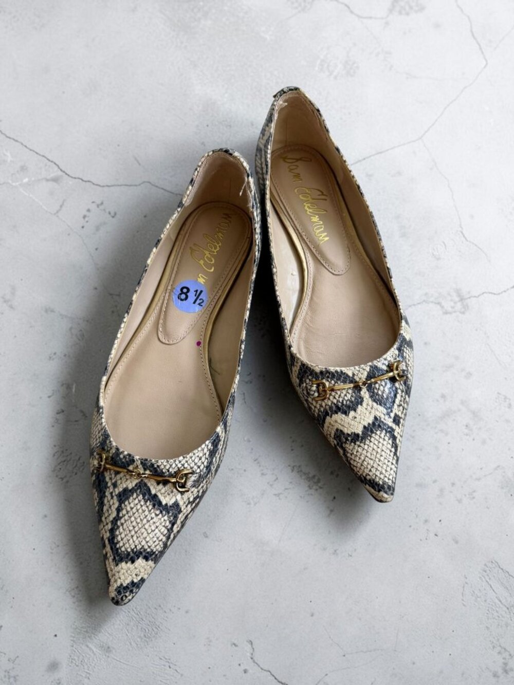 SAM EDELMAN Tan Black Snake Print Leather Flats Size 8.5